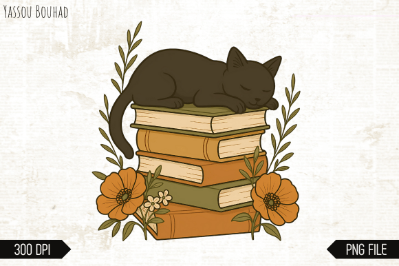 Charming Cat Book, Flower, and Shirt Design PNGs